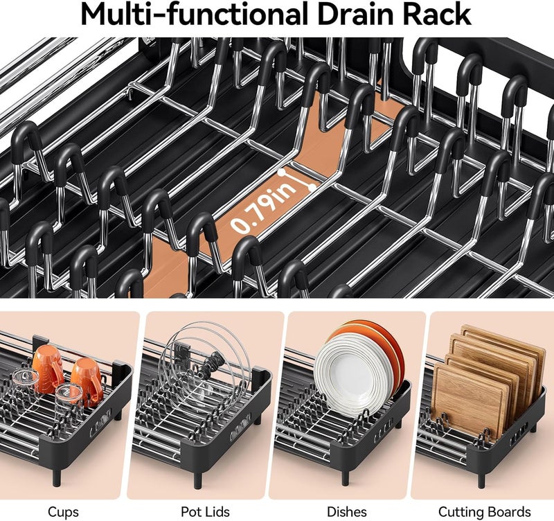 Urackify Stainless Steel Dish Drying Rack - Dish Drainer for Kitchen Counter, Extendable Drainboard with Foldable, Space-Saving Cup & Bowl Organizer, Includes Knife and Utensil Holder, Black - Image 4